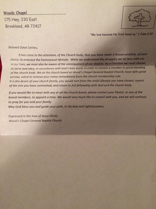 Woods Chapel General Baptist Church letter to Dylan Settles